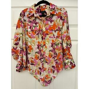 Investments Petites PL Floral Button Front Blouse Top Long Sleeve Polyester